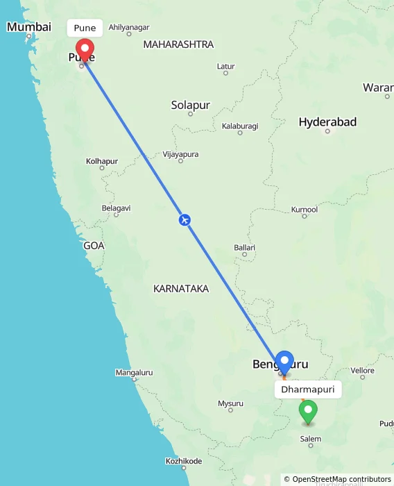 Route map showing distance and travel time from Dharmapuri, India to Pune, India