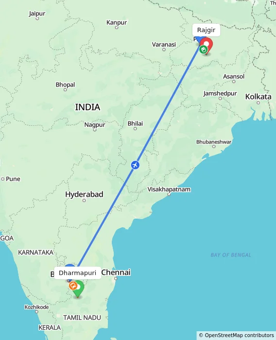 Route map showing distance and travel time from Dharmapuri, India to Rajgir, India