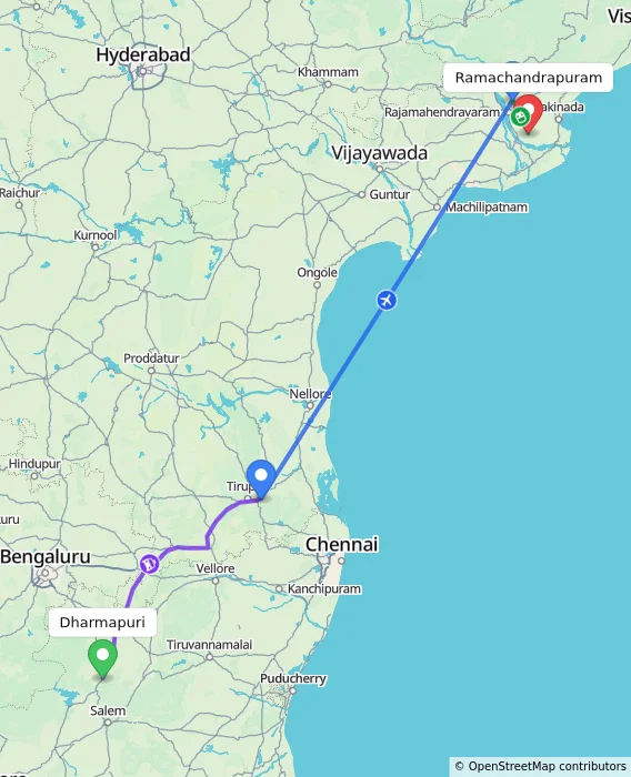 Route map showing distance and travel time from Dharmapuri, India to Ramachandrapuram, India