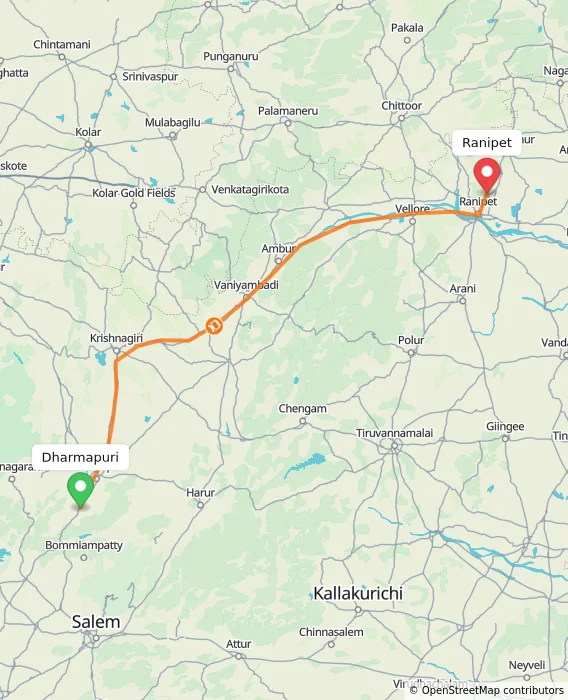 Route map showing distance and travel time from Dharmapuri, India to Ranipet, India
