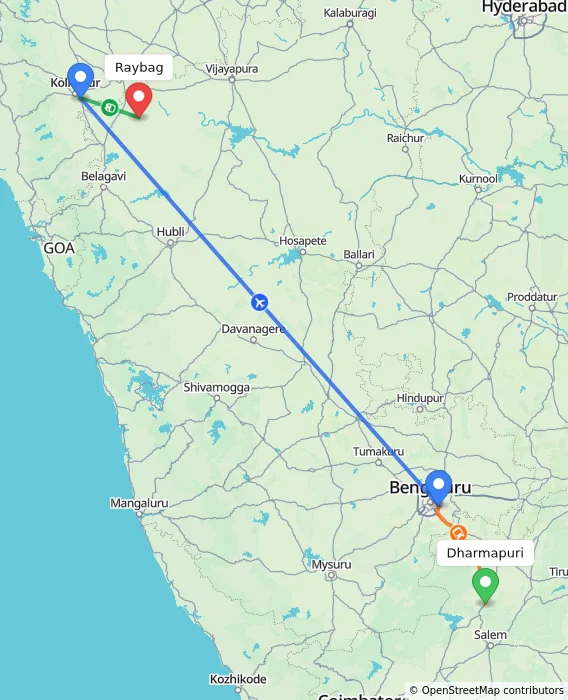 Route map showing distance and travel time from Dharmapuri, India to Raybag, India