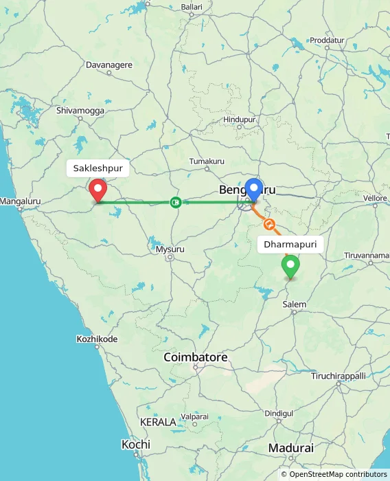 Route map showing distance and travel time from Dharmapuri, India to Sakleshpur, India