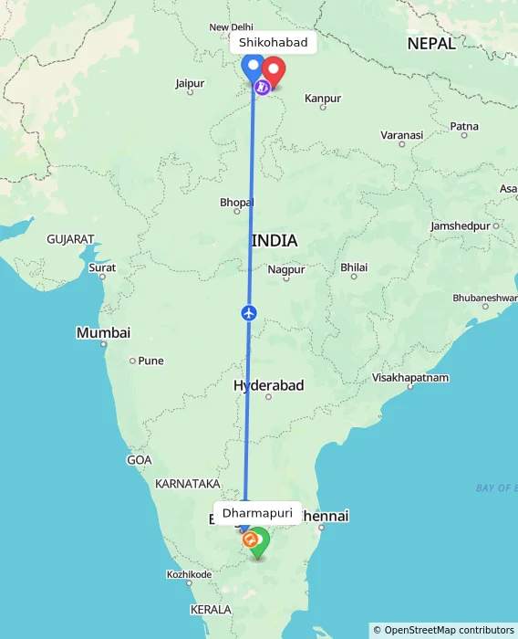 Route map showing distance and travel time from Dharmapuri, India to Shikohabad, India