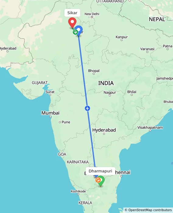 Route map showing distance and travel time from Dharmapuri, India to Sikar, India