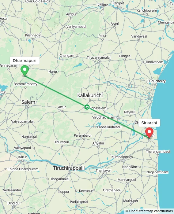 Route map showing distance and travel time from Dharmapuri, India to Sirkazhi, India