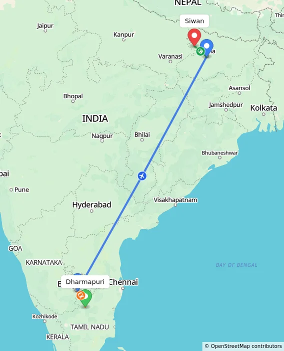 Route map showing distance and travel time from Dharmapuri, India to Siwan, India