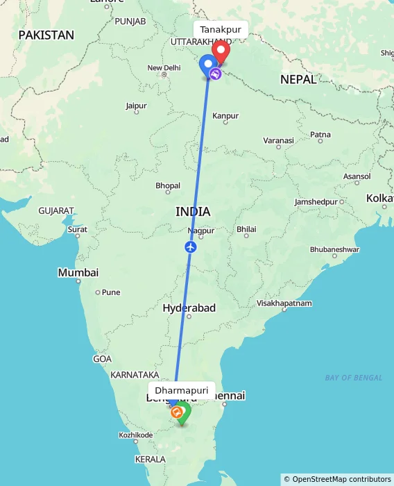 Route map showing distance and travel time from Dharmapuri, India to Tanakpur, India