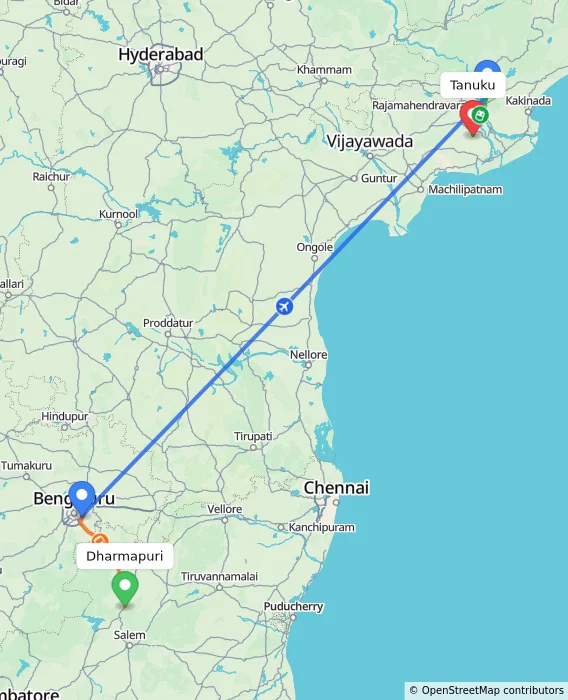 Route map showing distance and travel time from Dharmapuri, India to Tanuku, India