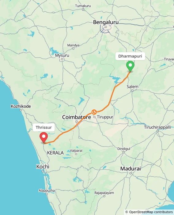Route map showing distance and travel time from Dharmapuri, India to Thrissur, India