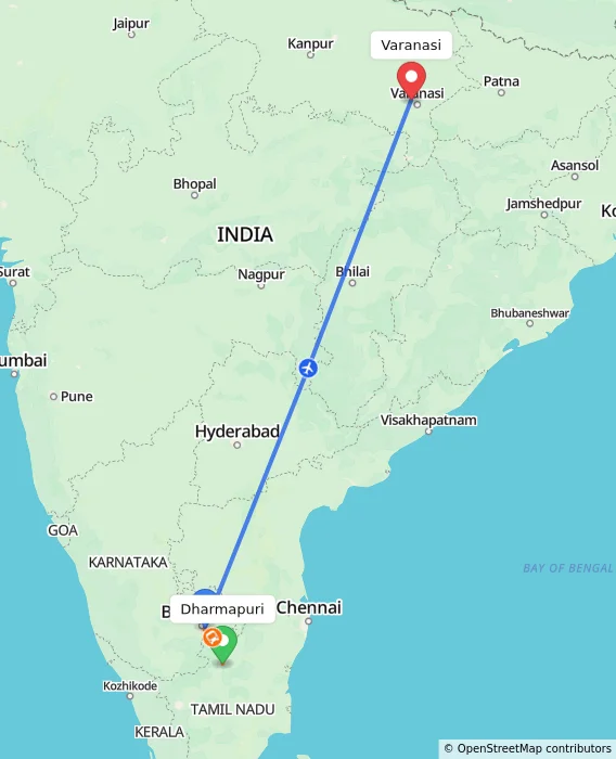 Route map showing distance and travel time from Dharmapuri, India to Varanasi, India