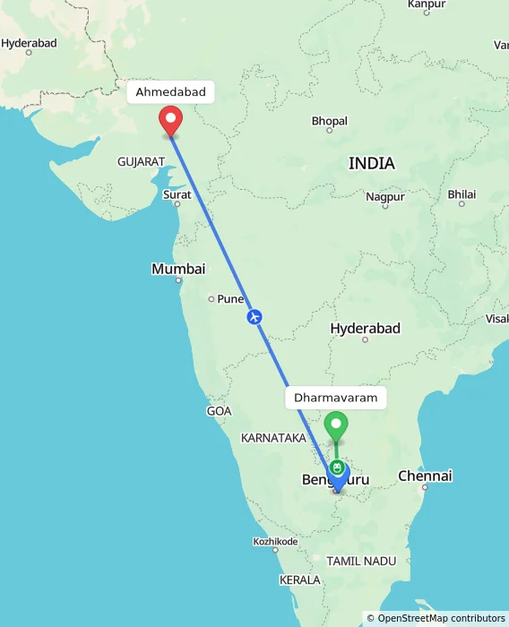 Route map showing distance and travel time from Dharmavaram, India to Ahmedabad, India