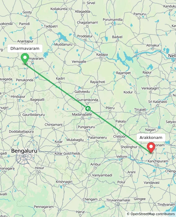 Route map showing distance and travel time from Dharmavaram, India to Arakkonam, India