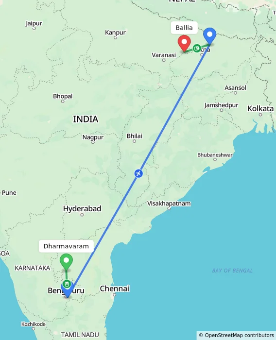Route map showing distance and travel time from Dharmavaram, India to Ballia, India