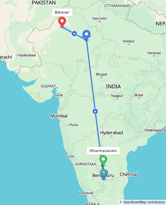 Route map showing distance and travel time from Dharmavaram, India to Bikaner, India