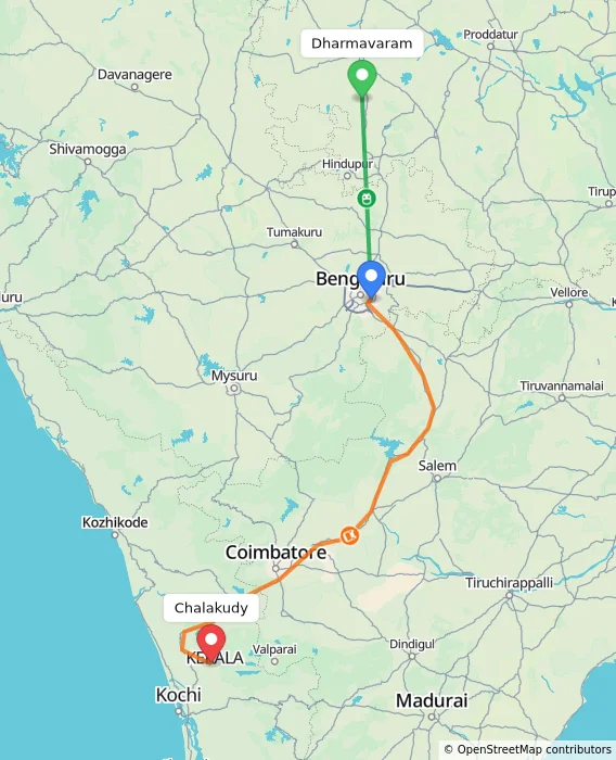 Route map showing distance and travel time from Dharmavaram, India to Chalakudy, India