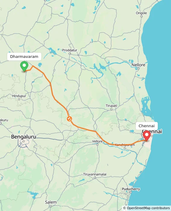 Route map showing distance and travel time from Dharmavaram, India to Chennai, India
