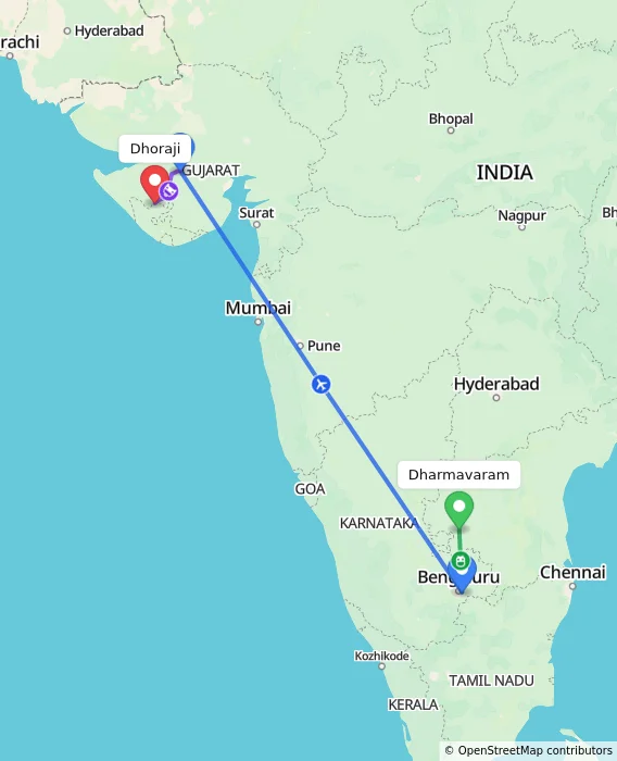 Route map showing distance and travel time from Dharmavaram, India to Dhoraji, India