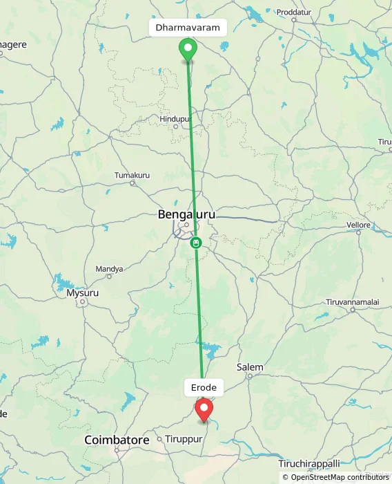 Route map showing distance and travel time from Dharmavaram, India to Erode, India