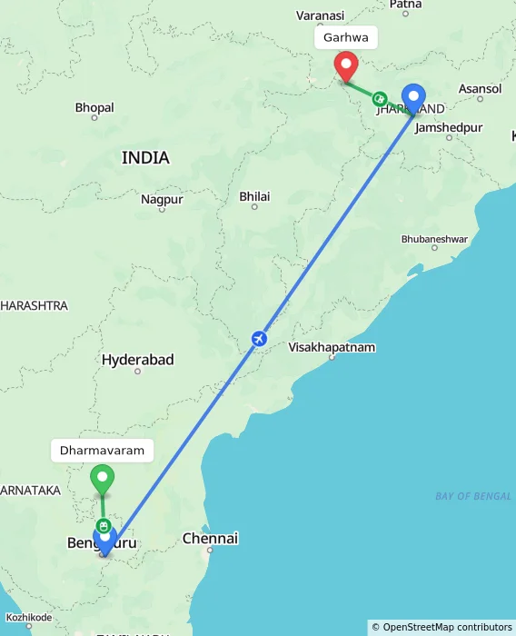 Route map showing distance and travel time from Dharmavaram, India to Garhwa, India