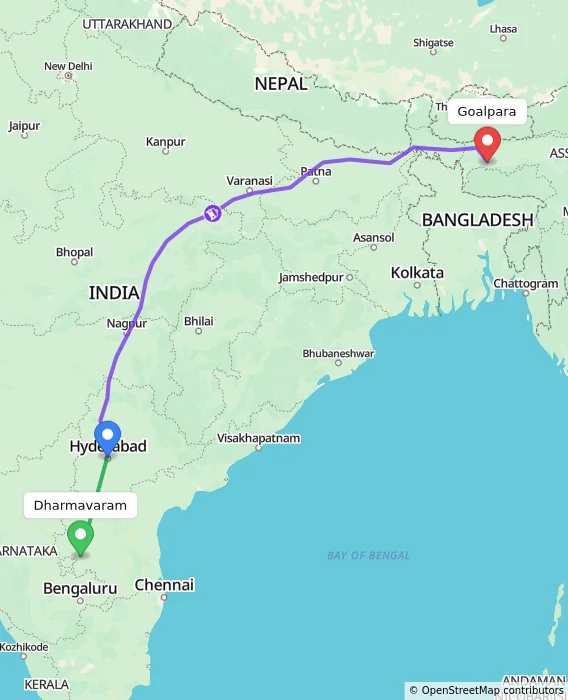 Route map showing distance and travel time from Dharmavaram, India to Goalpara, India