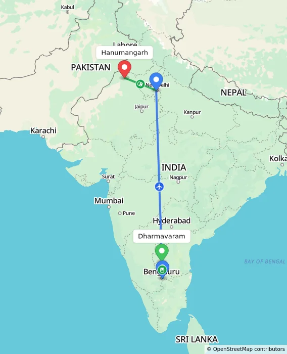 Route map showing distance and travel time from Dharmavaram, India to Hanumangarh, India
