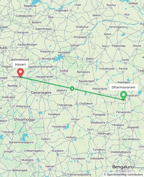 Route map showing distance and travel time from Dharmavaram, India to Haveri, India