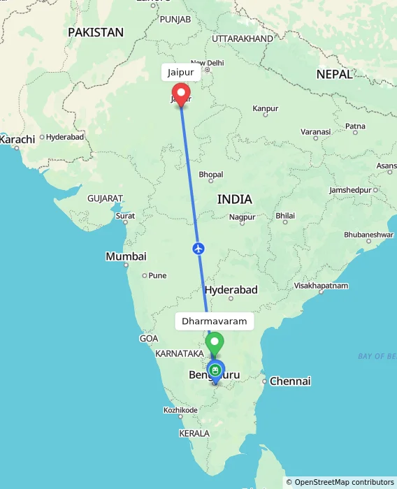 Route map showing distance and travel time from Dharmavaram, India to Jaipur, India