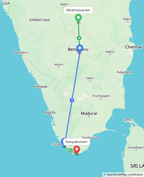 Route map showing distance and travel time from Dharmavaram, India to Kanyakumari, India