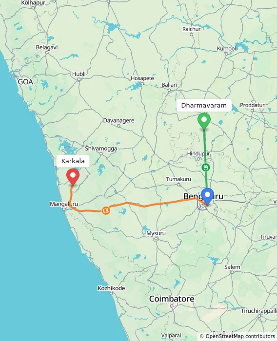 Route map showing distance and travel time from Dharmavaram, India to Karkala, India