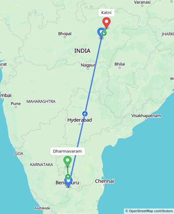 Route map showing distance and travel time from Dharmavaram, India to Katni, India