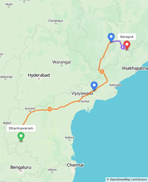 Route map showing distance and travel time from Dharmavaram, India to Koraput, India