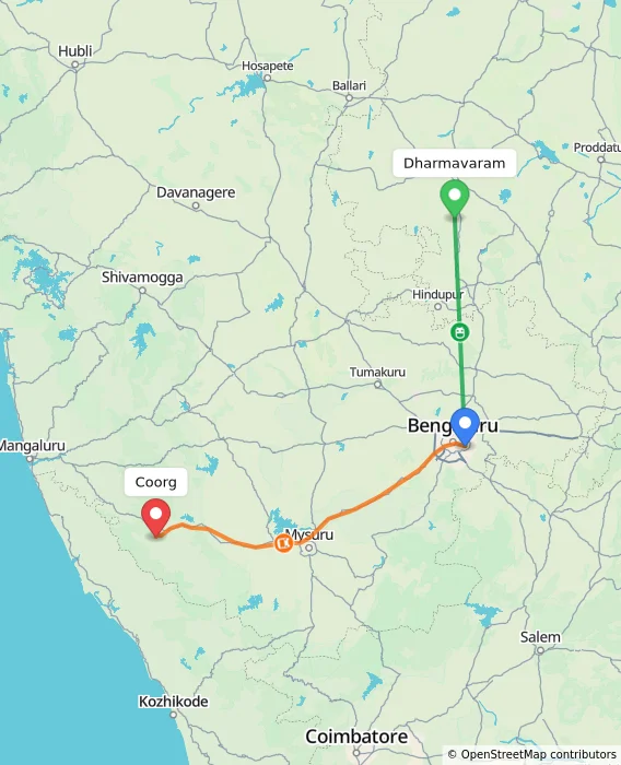 Route map showing distance and travel time from Dharmavaram, India to Madikeri, India