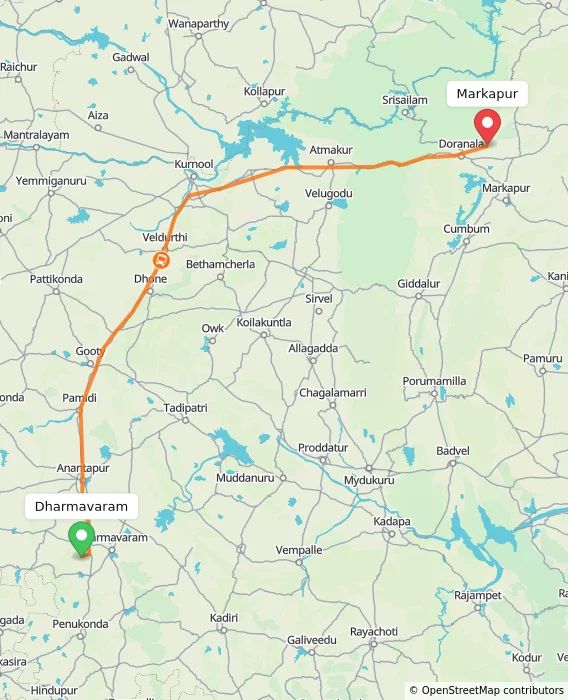 Route map showing distance and travel time from Dharmavaram, India to Markapur, India