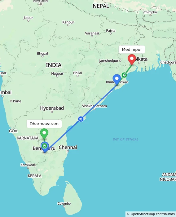 Route map showing distance and travel time from Dharmavaram, India to Medinipur, India