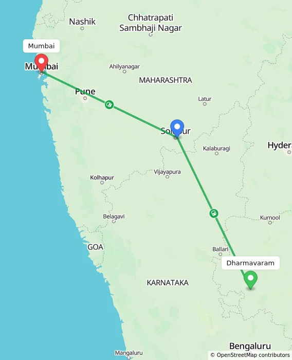 Route map showing distance and travel time from Dharmavaram, India to Mumbai, India