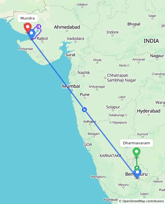 Route map showing distance and travel time from Dharmavaram, India to Mundra, India