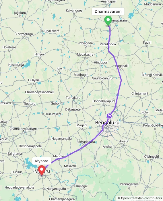 Route map showing distance and travel time from Dharmavaram, India to Mysore, India