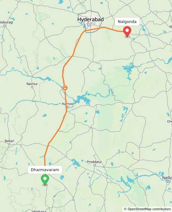 Route map showing distance and travel time from Dharmavaram, India to Nalgonda, India