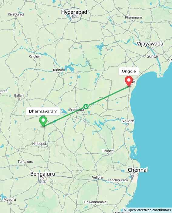 Route map showing distance and travel time from Dharmavaram, India to Ongole, India