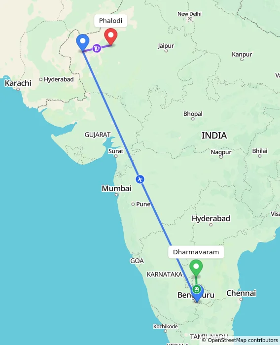 Route map showing distance and travel time from Dharmavaram, India to Phalodi, India