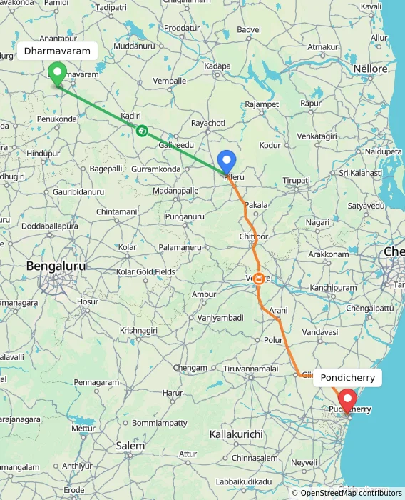 Route map showing distance and travel time from Dharmavaram, India to Pondicherry, India