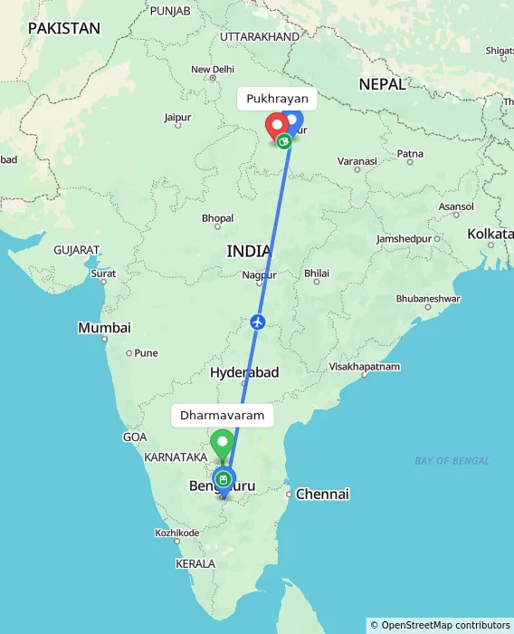Route map showing distance and travel time from Dharmavaram, India to Pukhrayan, India