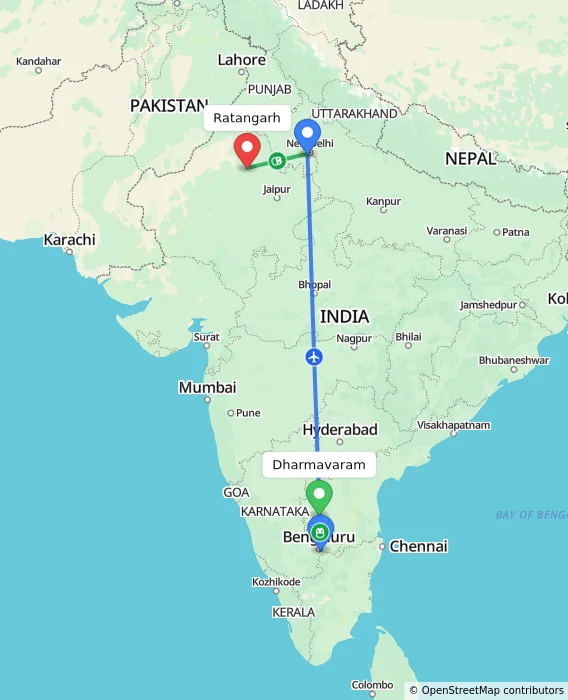 Route map showing distance and travel time from Dharmavaram, India to Ratangarh, India