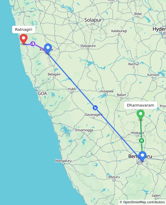 Route map showing distance and travel time from Dharmavaram, India to Ratnagiri, India