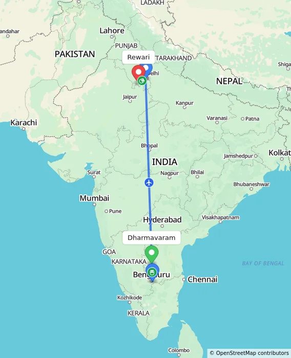 Route map showing distance and travel time from Dharmavaram, India to Rewari, India
