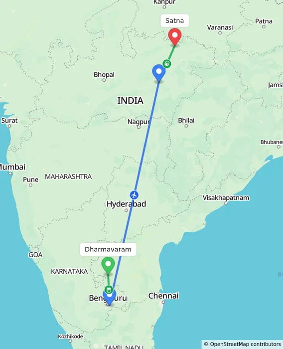 Route map showing distance and travel time from Dharmavaram, India to Satna, India