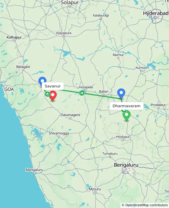 Route map showing distance and travel time from Dharmavaram, India to Savanur, India