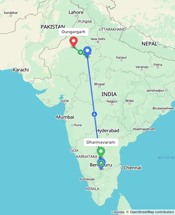 Route map showing distance and travel time from Dharmavaram, India to Dungargarh, India