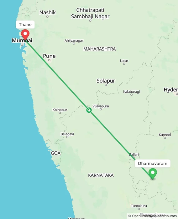 Route map showing distance and travel time from Dharmavaram, India to Thane, India