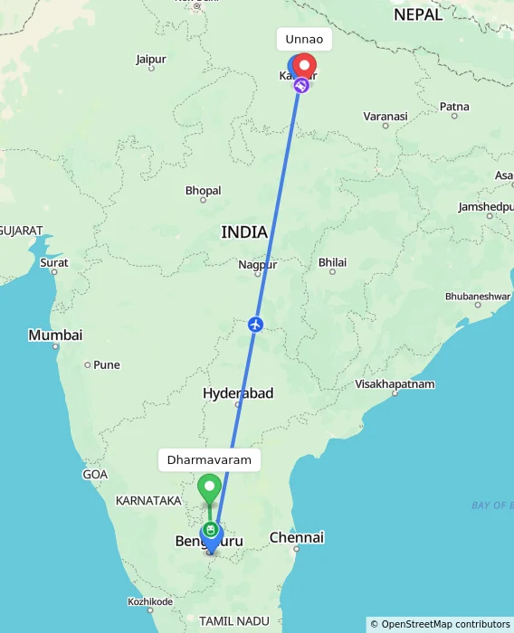 Route map showing distance and travel time from Dharmavaram, India to Unnao, India